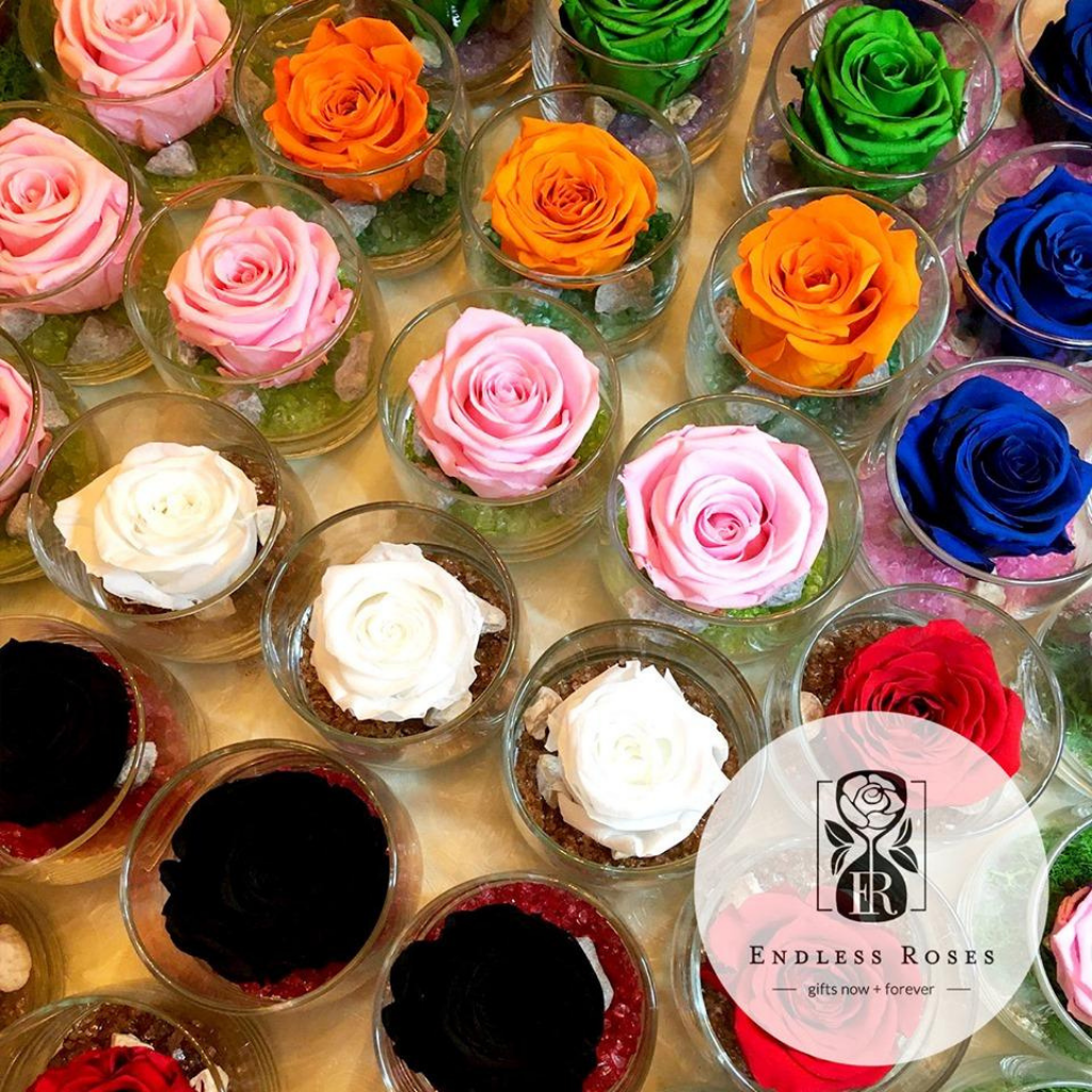 Endless Ace (single preserve rose in a glass jar with coloured crystals) Overhead view in multiple colours.